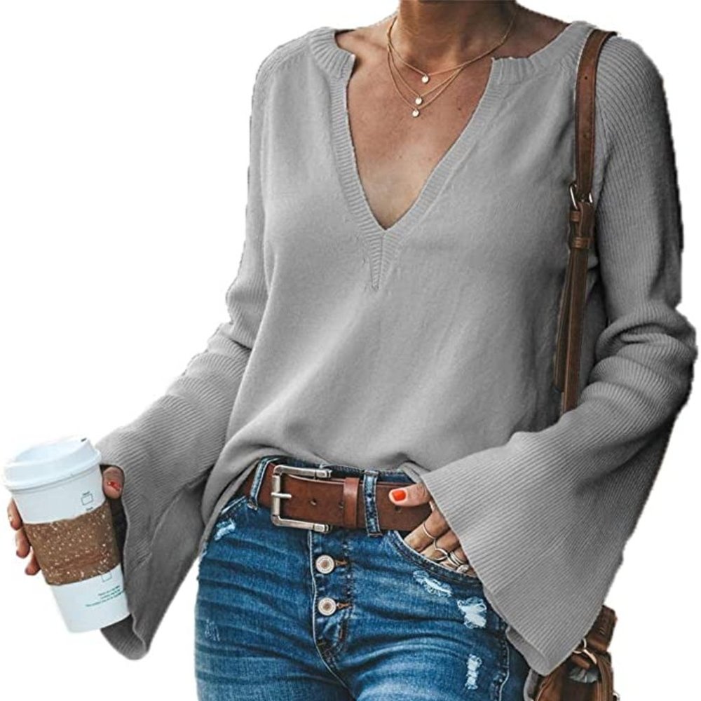 Women's Bell Sleeve, Deep V-Neck Sweater
